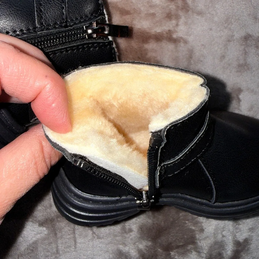 Ankle Boots Kids Size 21 Black NEW Faux Fur Lined Lug Sole Buckle Zip
